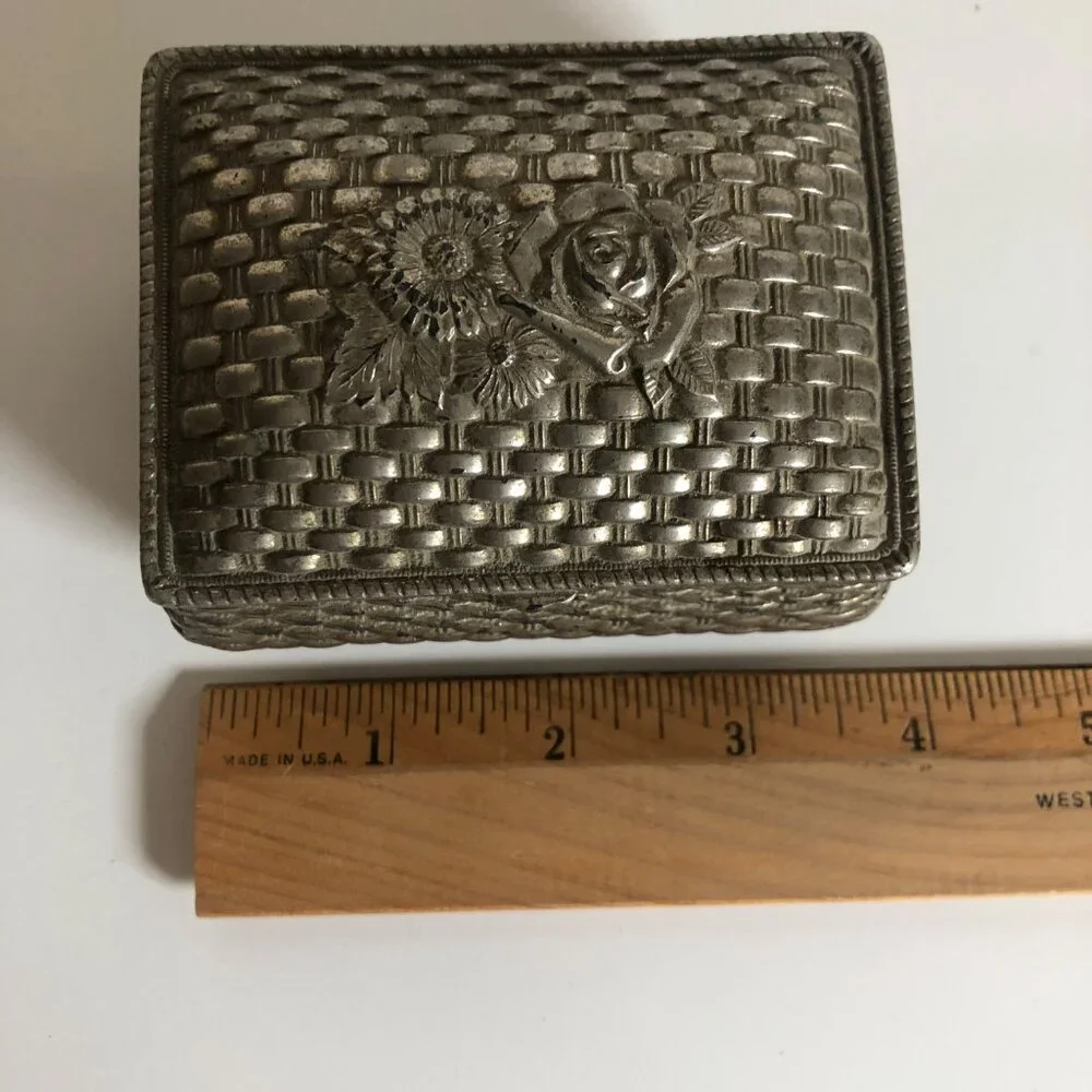 Silver Tone Sunflower Rose Jewelry Casket Red Velvet Lined Trinket Box Vtg Japan